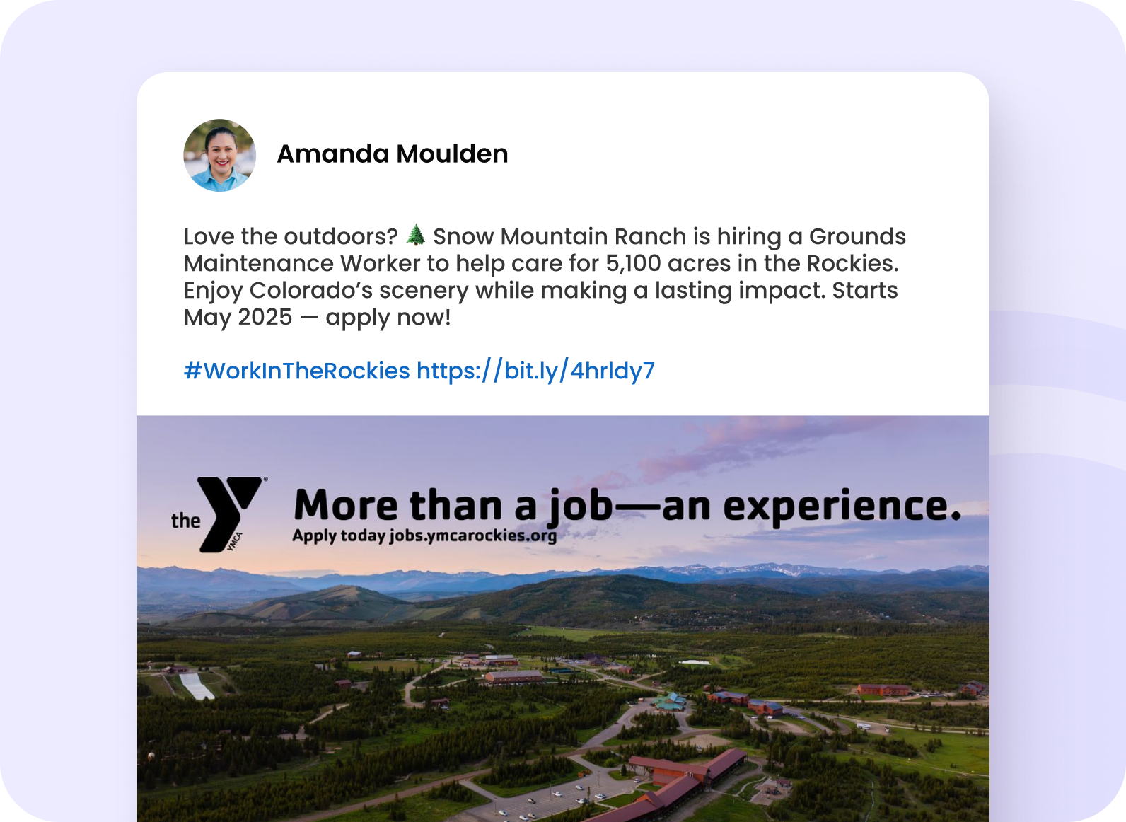 HireSocial Success: YMCA of the Rockies Boosts Job Clicks Through Social Media Automation Social media recruitment post from YMCA of the Rockies promoting a grounds maintenance position, shown alongside a scenic mountain landscape. This image accompanies a testimonial about using HireSocial to increase engagement and drive nearly 2,000 additional job clicks in four months.