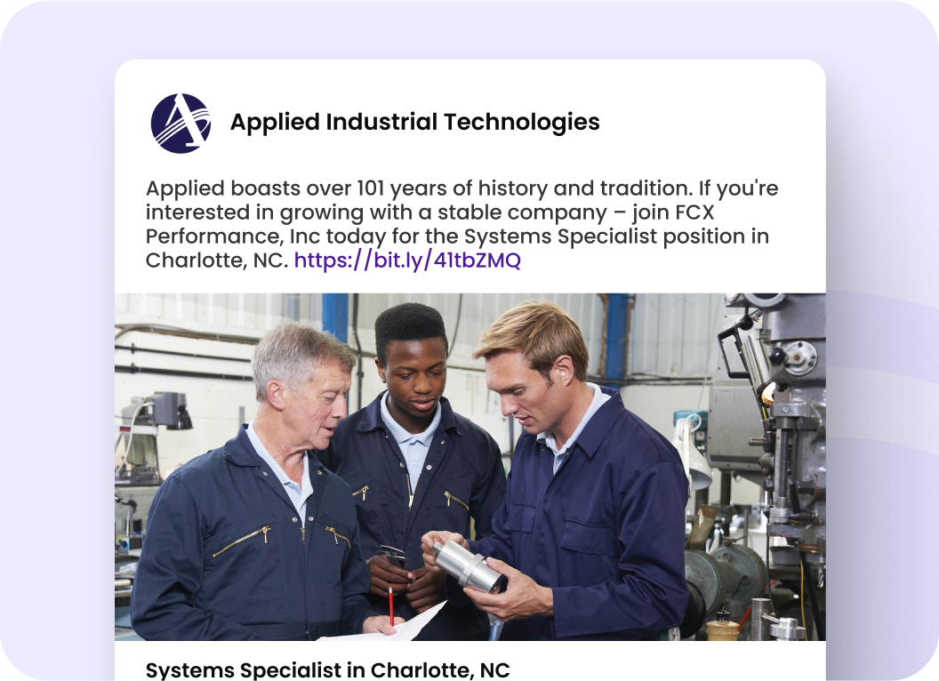 Applied Industrial Technologies branded job post featuring a Systems Specialist role in Charlotte, NC, demonstrating HireSocial’s automated social recruiting.
