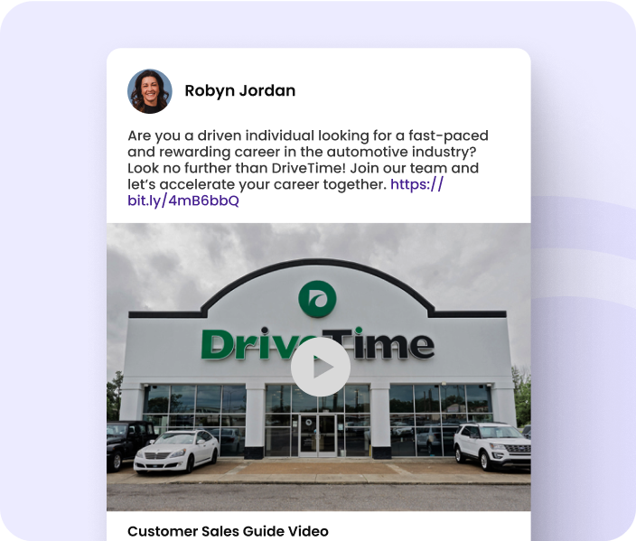 DriveTime social recruiting post showcasing video content for job opportunities, demonstrating HireSocial’s automation and social recruiting leadership.
