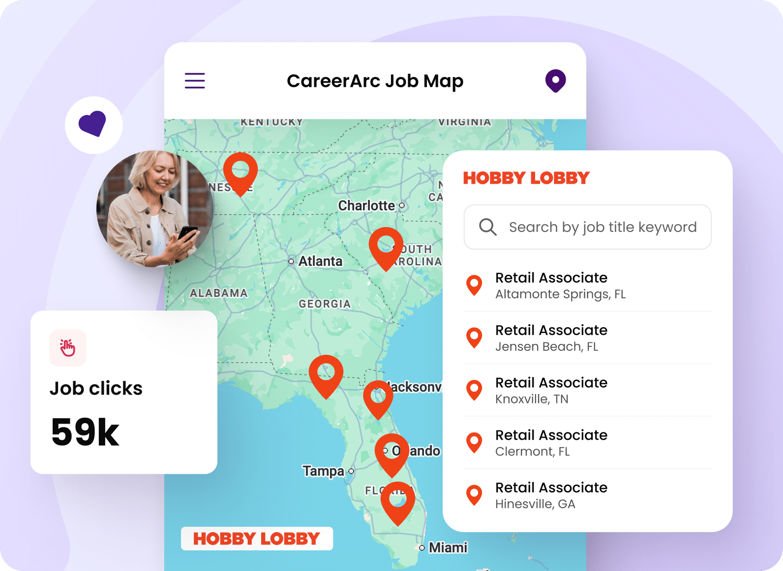 CareerArc Job Maps drives 59k+ job clicks for Hobby Lobby CareerArc Job Map displaying Hobby Lobby retail job openings with red location pins and a 59k job clicks highlight.