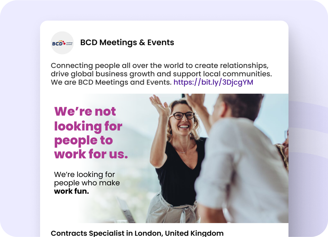 BCD Meetings & Events testimonial on CareerArc HireSocial highlighting easy candidate engagement, stronger employer branding, and improved recruiting analytics