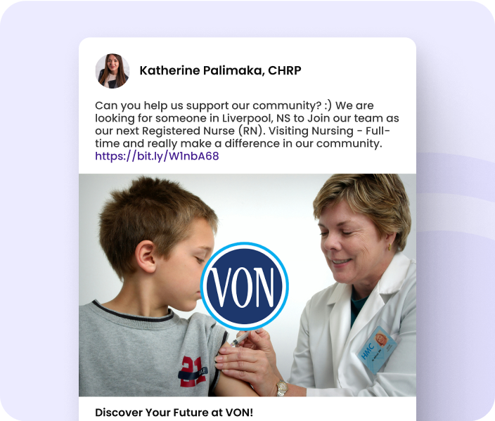 VON Canada social recruiting post highlighting healthcare job opportunities and employer branding through HireSocial automation.