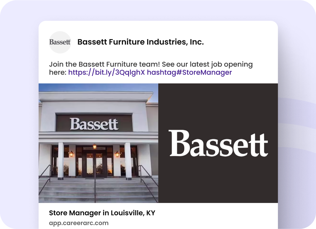Bassett Furniture Industries testimonial on CareerArc HireSocial achieving over 7,000 automated job posts and year-over-year growth in impressions, engagement, and job clicks