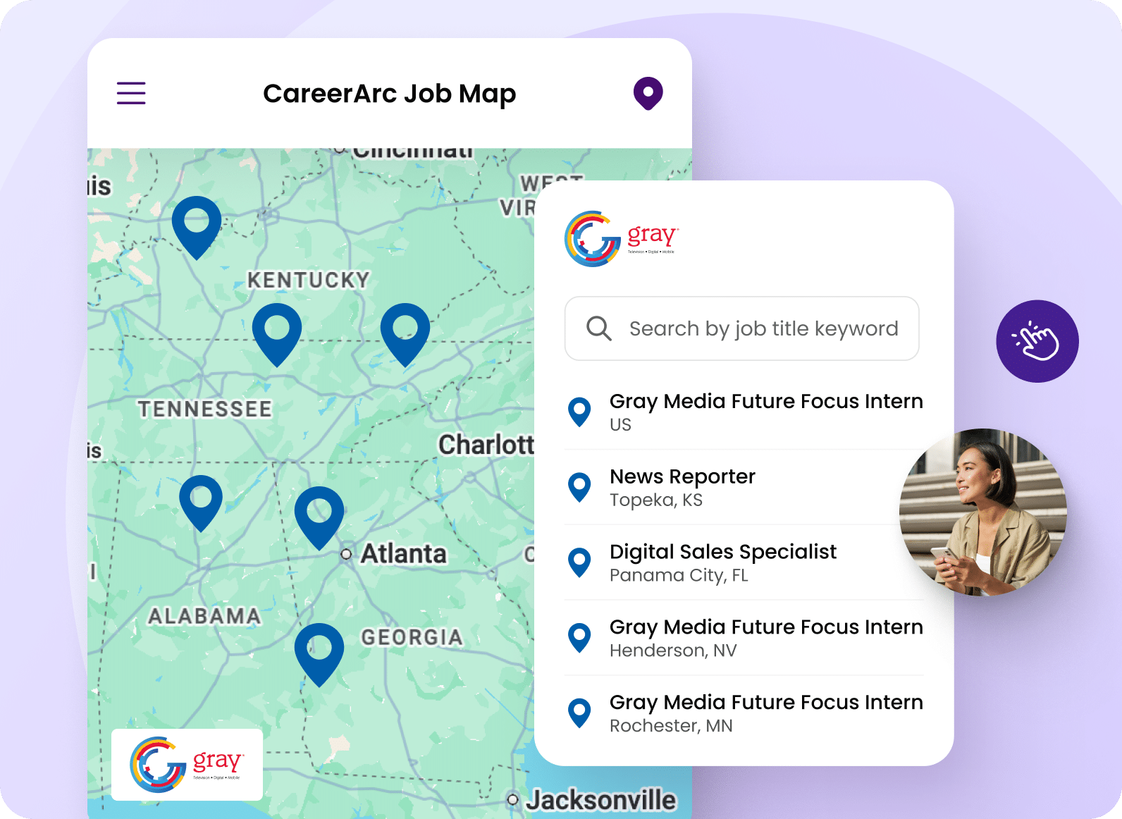 CareerArc Job Maps powers Gray Media’s hiring CareerArc Job Map showing Gray Media job locations across the Southeast with interactive pins and job listings.