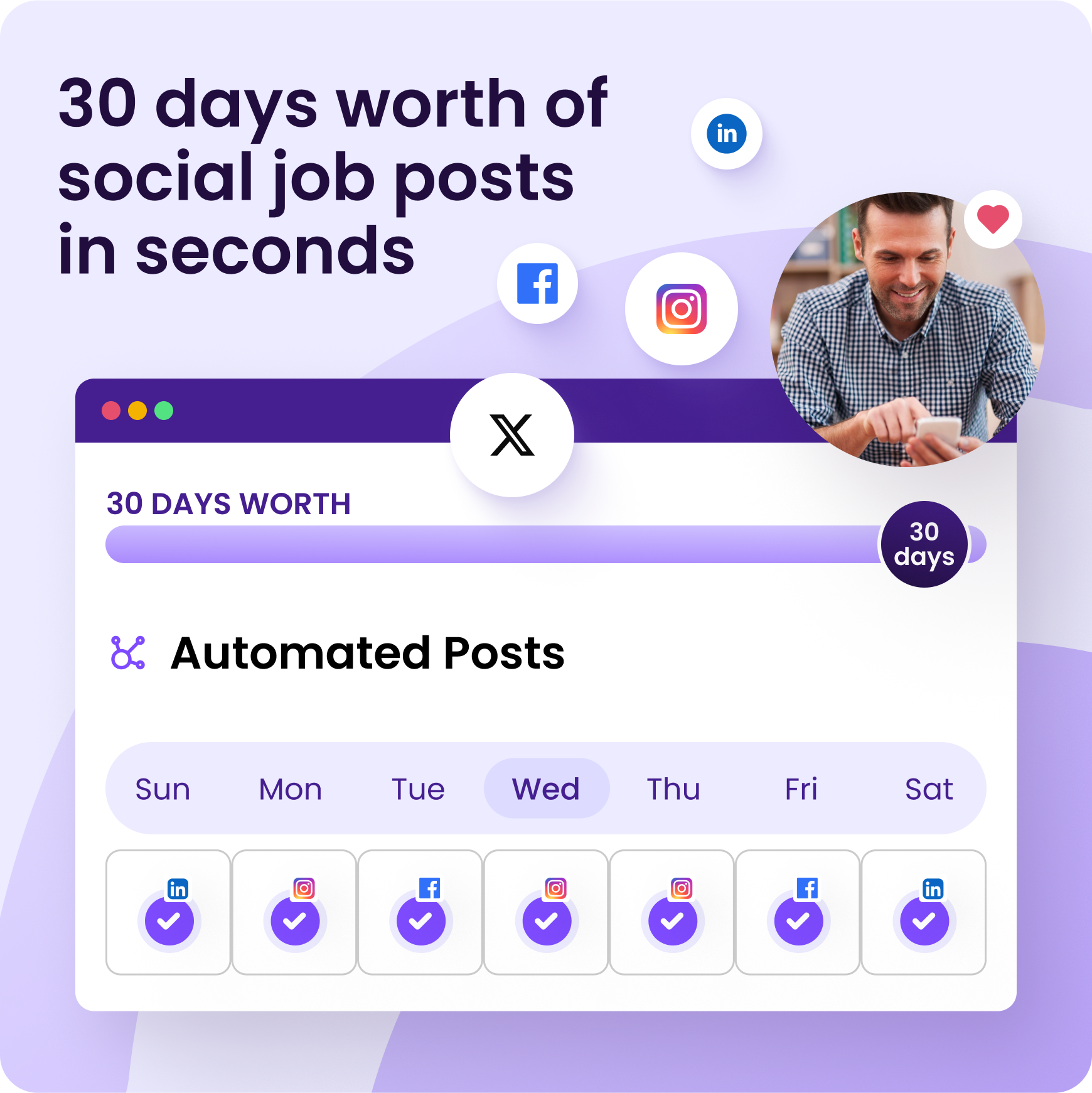 Automated recruiting platform generates 30 days of branded social job posts in seconds for Facebook, LinkedIn, Instagram, and X