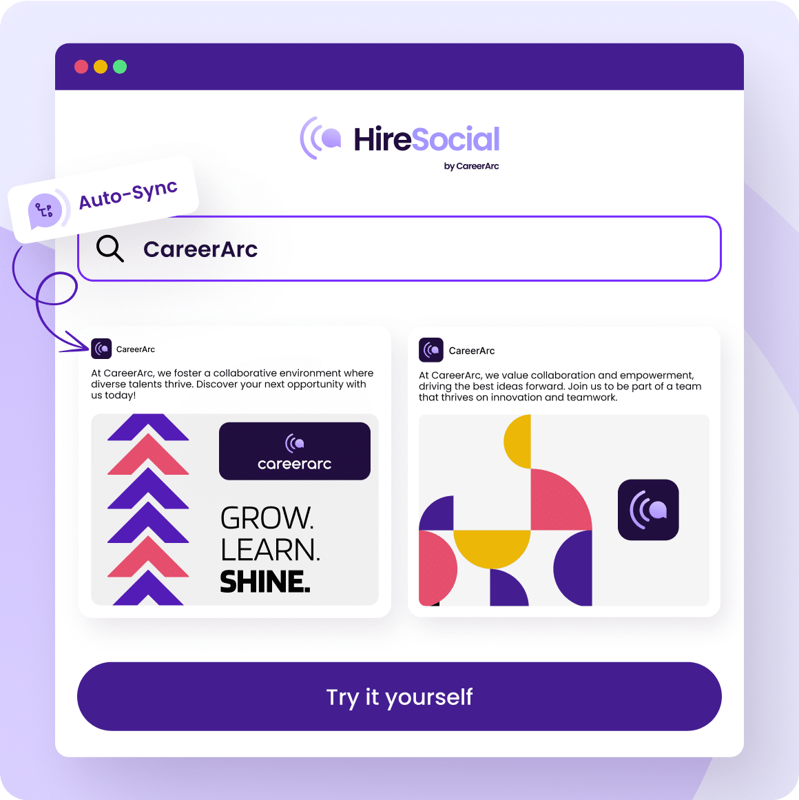 AI-powered employer branding platform syncing ATS and career site content to automatically generate branded social media posts with visuals, captions, and links