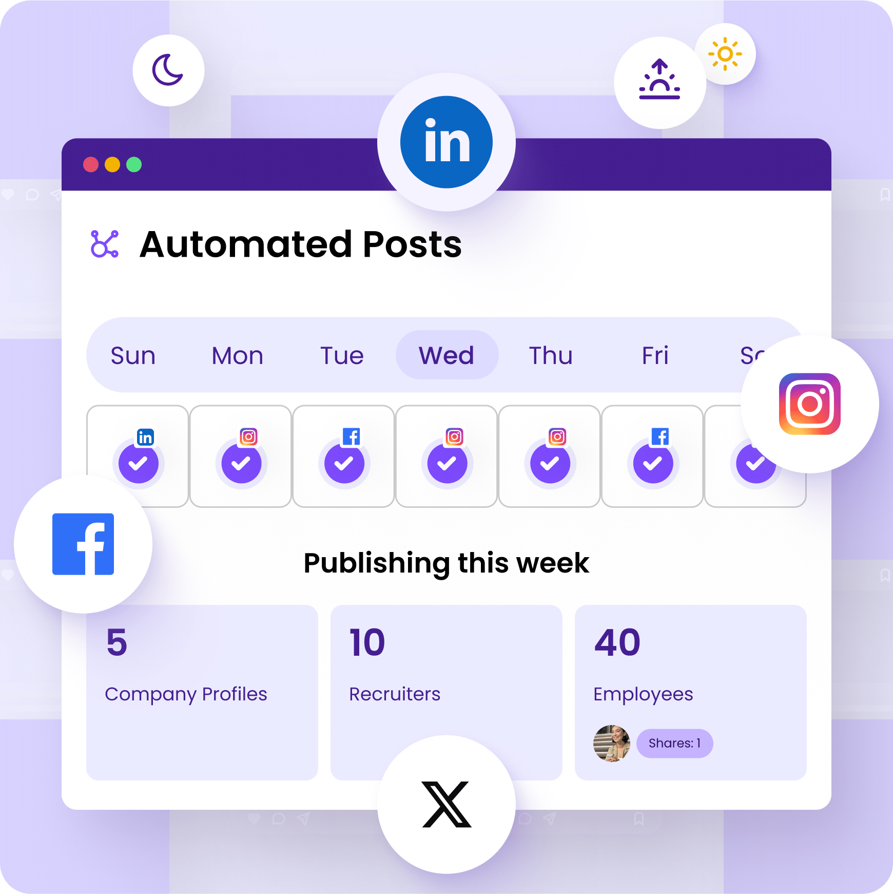 Automated publishing keeps you visible across social channels Automated social recruiting posts publish job and employer brand content across Facebook, LinkedIn, Instagram, and X to keep hiring visibility active 24/7