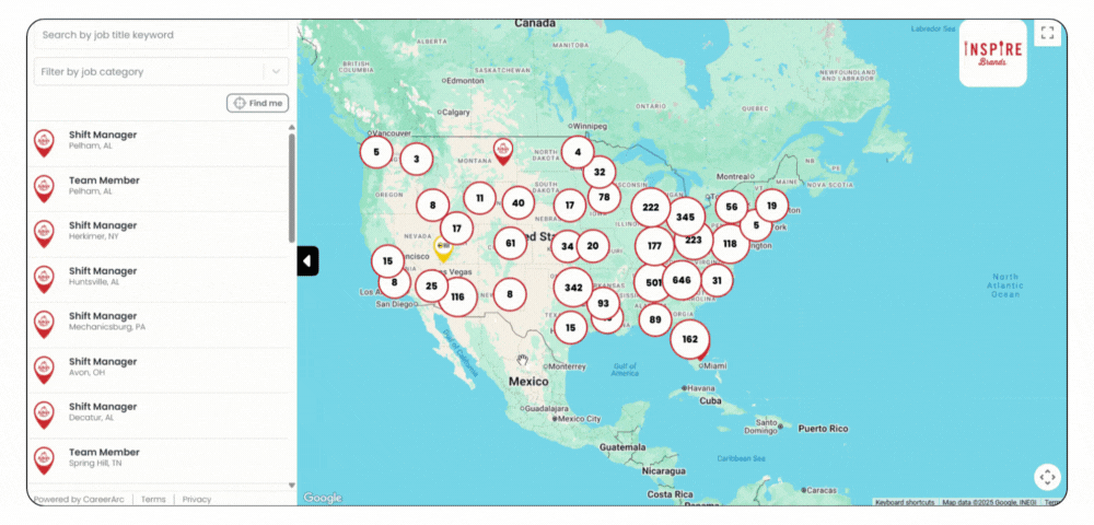 Inspire Brands powered by CareerArc Job Maps Inspire Brands job map showing open shift manager positions displayed on an interactive hiring map with location pins and job filters.