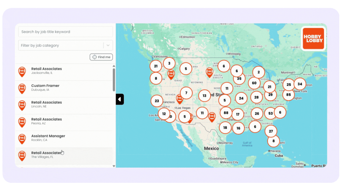 Hobby Lobby job map showing open roles plotted on a geographic map, demonstrating CareerArc’s Job Map feature and its ability to drive over 59,000 job clicks.