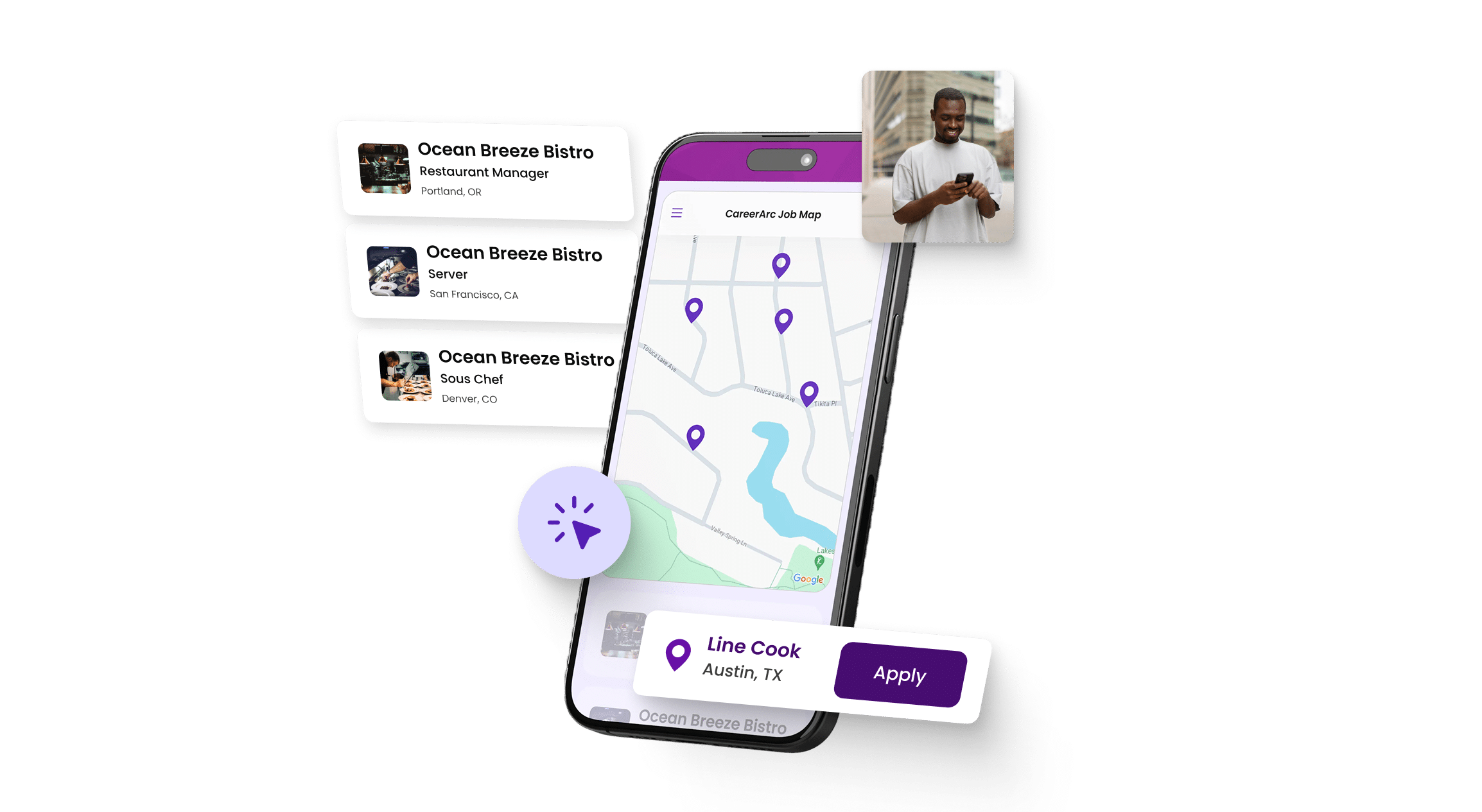 Job Maps by CareerArc puts every job on the map instantly Job Maps by CareerArc displayed on a mobile phone showing an interactive map with job location pins and role cards, helping candidates explore nearby opportunities.
