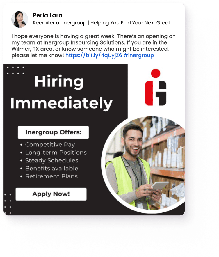 Inergroup is hiring — Reach more candidates with social recruiting Recruiter from Inergroup sharing a social media post for warehouse and light industrial job openings