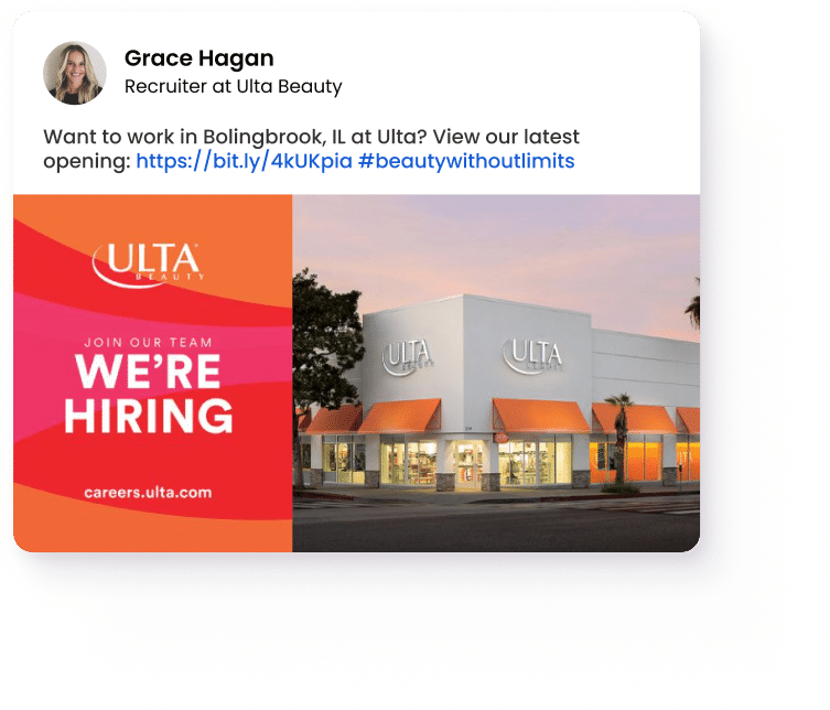 Explore careers at Ulta Beauty Recruiter from Ulta Beauty promoting retail job opportunities in Bolingbrook, Illinois on social media