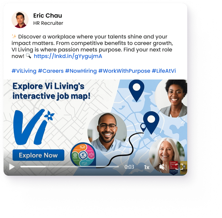 Vi Living careers — Work with purpose Recruiter from Vi Living sharing a social recruiting post highlighting multiple job opportunities and career growth