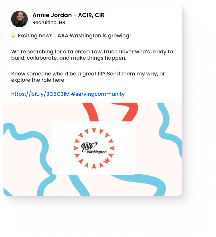 AAA Washington is hiring — Join the team Recruiter from AAA Washington promoting a Tow Truck Driver job opening using social media recruiting