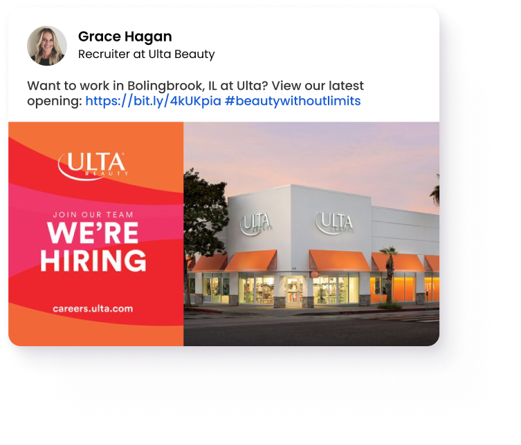Explore careers at Ulta Beauty Recruiter from Ulta Beauty promoting retail job opportunities in Bolingbrook, Illinois on social media