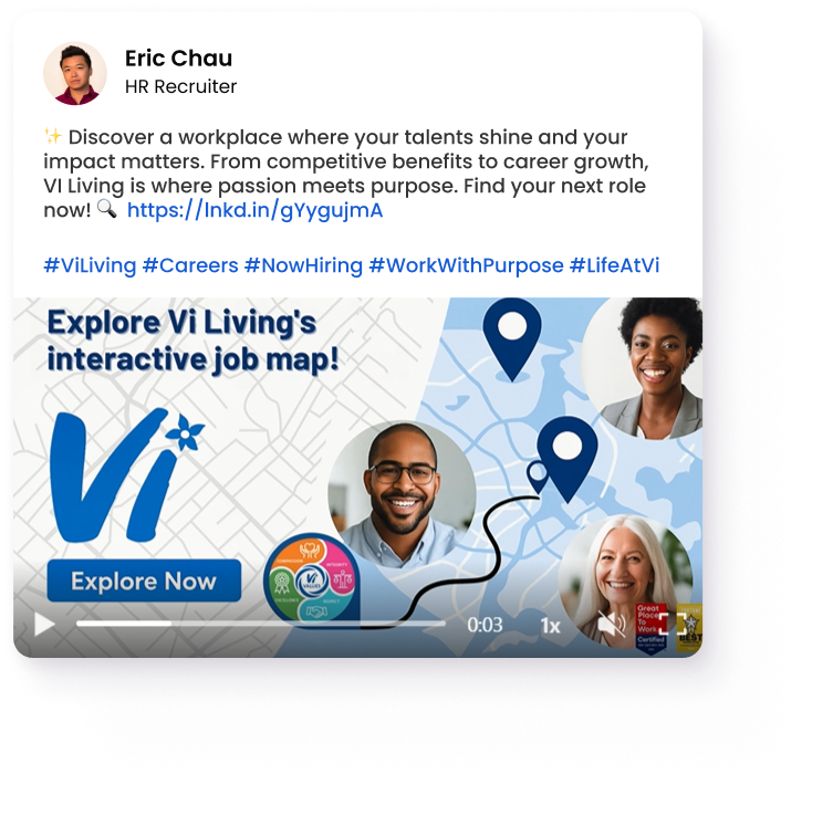 Vi Living careers — Work with purpose Recruiter from Vi Living sharing a social recruiting post highlighting multiple job opportunities and career growth