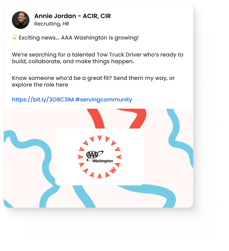 AAA Washington is hiring — Join the team Recruiter from AAA Washington promoting a Tow Truck Driver job opening using social media recruiting