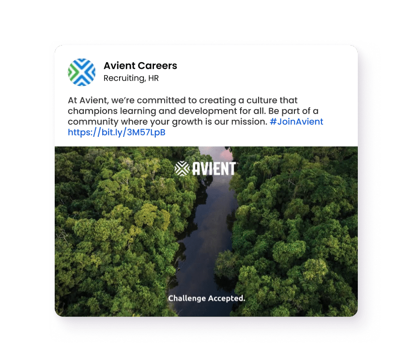 Avient Careers: Growth and Sustainability Aerial view of a river running through dense green forest with Avient logo and “Challenge Accepted” text