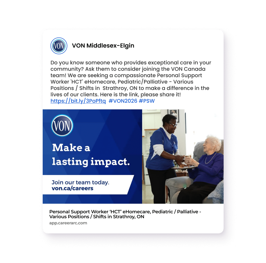Healthcare Social Recruiting That Drives Results Branded VON recruitment ad showing a healthcare worker with a patient and messaging about making a lasting impact and applying online