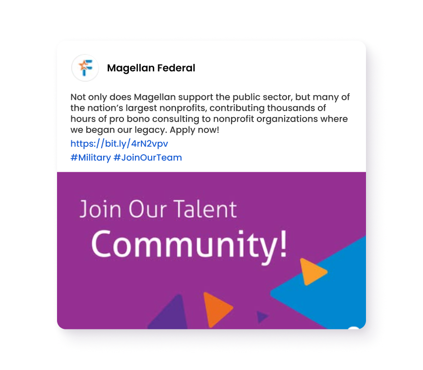 Join Magellan Federal Talent Community Purple graphic with “Join Our Talent Community” text and abstract shapes