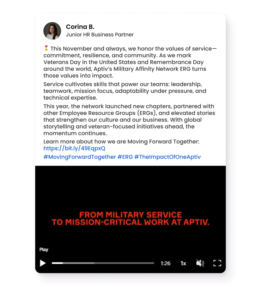 Honoring Service at Aptiv Video thumbnail with text about transitioning from military service to mission-critical work at Aptiv