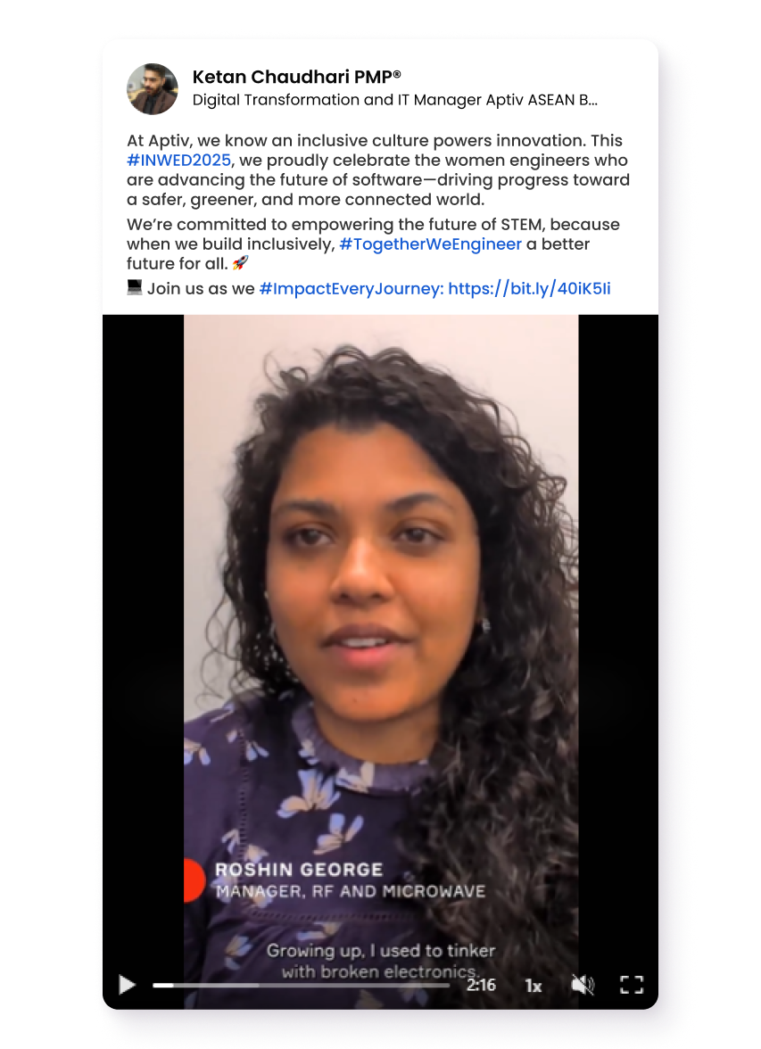 Women in Engineering at Aptiv Woman speaking in a video about her career journey in engineering at Aptiv