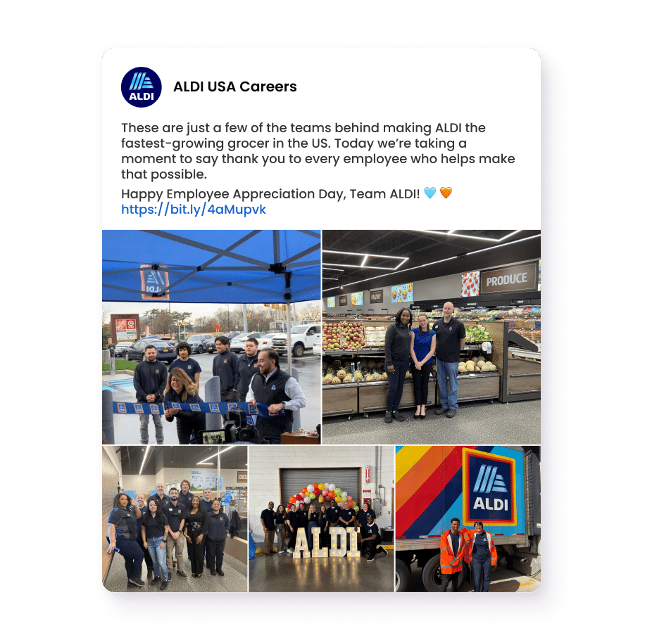 ALDI USA Careers Example of employer branding strategies on a careers social media page featuring ALDI USA employee content and recruiting posts