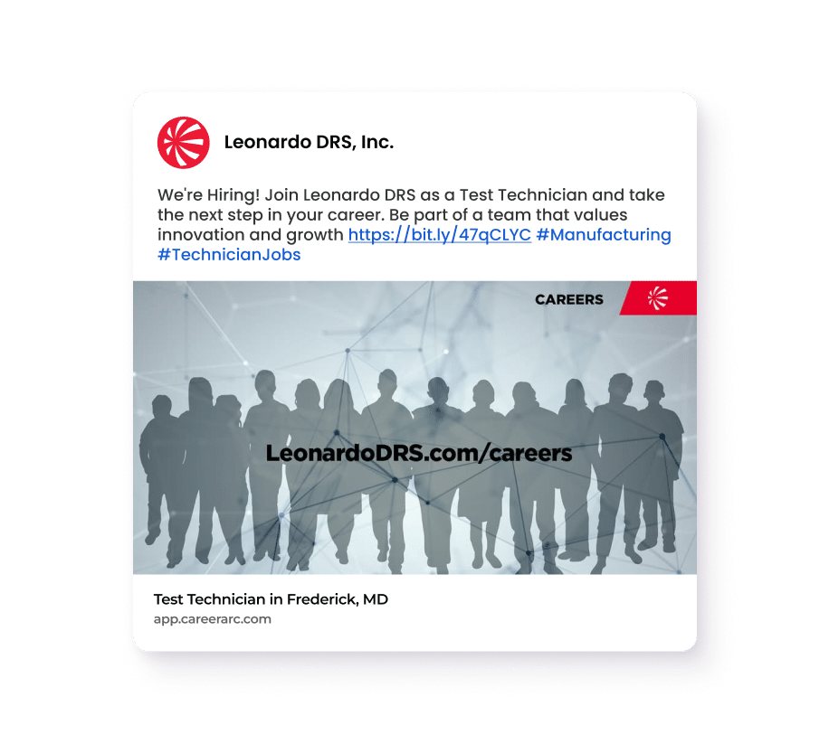 Government Social Recruiting Post Example – Leonardo DRS Screenshot of a Leonardo DRS social media hiring post advertising a test technician position with company branding and careers link