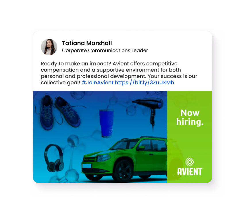 Avient Now Hiring Campaign Graphic featuring consumer products and a green car with “Now hiring” and Avient branding