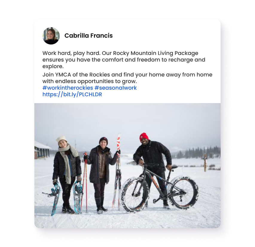 Rocky Mountain Living and Adventure Jobs Three people outdoors in snowy landscape with snowshoes, skis, and a fat tire bike