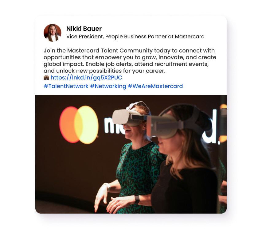 Join Mastercard Talent NetworkTwo people wearing VR headsets at a Mastercard event or innovation space Two people wearing VR headsets at a Mastercard event or innovation space