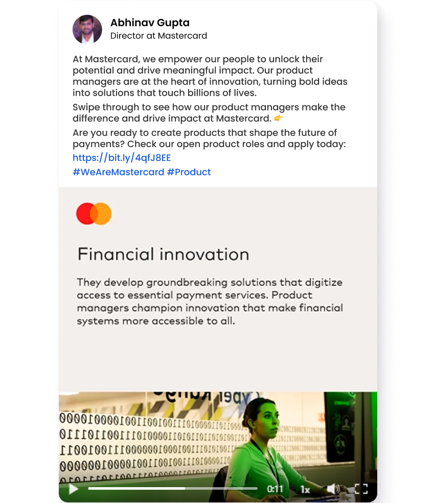 Product Innovation Careers at Mastercard Graphic about financial innovation with a professional working at a computer and data visuals