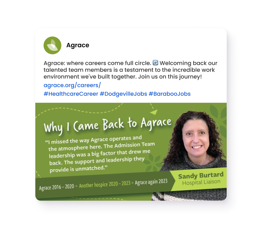 Why Employees Return to Agrace Employee testimonial graphic featuring a woman and text about returning to work at Agrace
