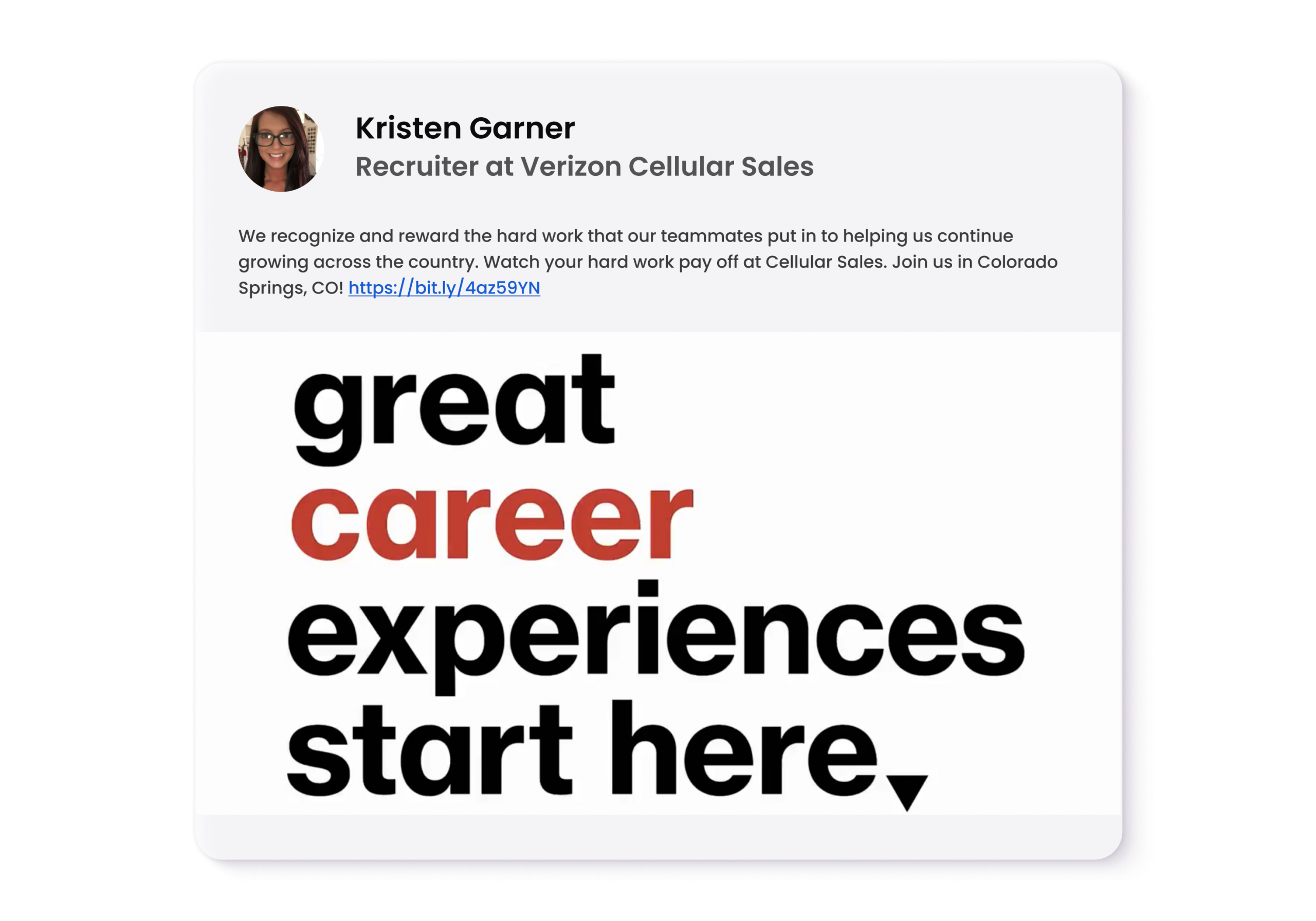 An enhanced screenshot of a social post from Kristen Garner, recruiter at Cellular Sales, showing what its like to work at Cellular Sales